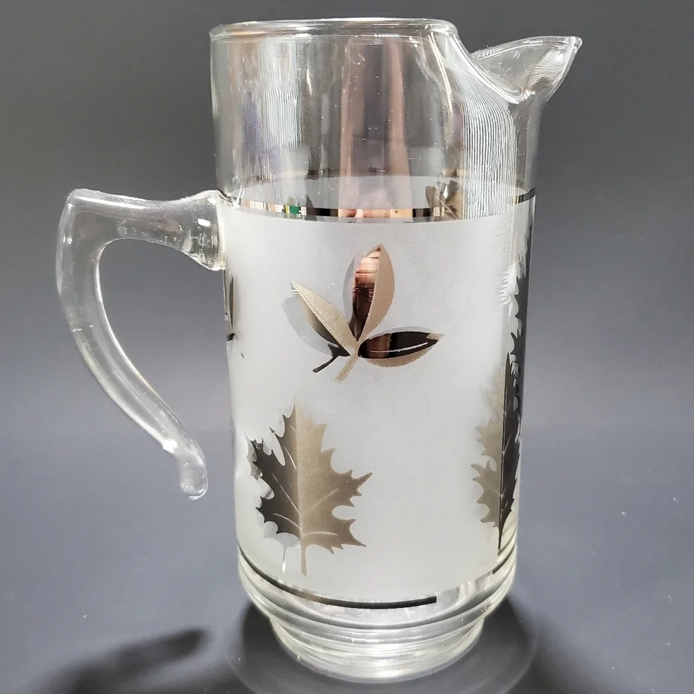Libbey Vintage Silver Leaf Frosted Glass Pitcher & Pillar Glasses Cocktail Set